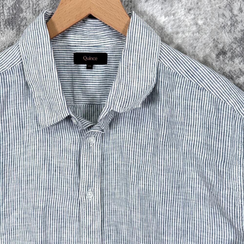 Quince 100% European Linen Short Sleeve Shirt XL Mens Blue Striped Button Down